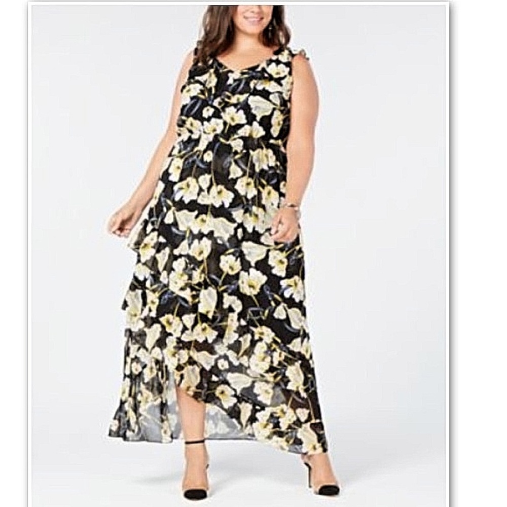 NWT! INC Macy's Plus Floral Black Hi Lo Maxi Dress Plus